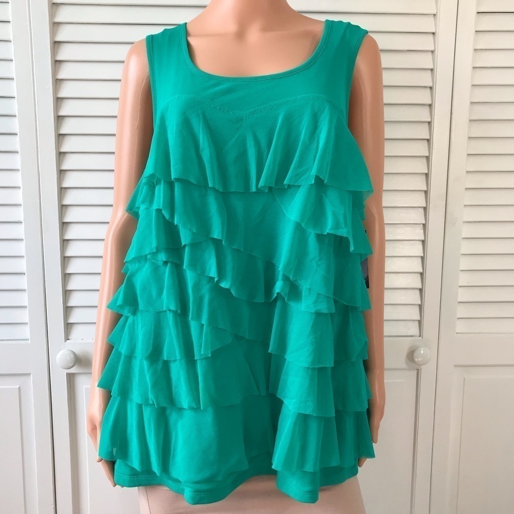 2/$25 INC INTERNATIONAL CONCEPTS Teal Botanica Ruffle Blouse Size 2X